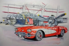 B-25 and Corvette.Lápiz color 50x35 cm